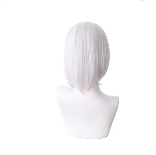 Vista 4 de Peluca de cosplay corta y recta, para mujer, color blanco y plateado, para Halloween, para juego