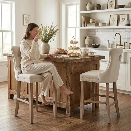 Vista 3 de SoarFlash Juego de 2 taburetes de bar tapizados de terciopelo moderno con patas de madera, botones acolchados, cabeza de clavo cromada, asiento