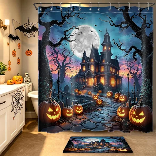 Vista 36 de LB Cortina de ducha espeluznante de Halloween, lindo fantasma en flores, árbol negro, luna llena, cortinas de ducha para baño, tela de poliéster