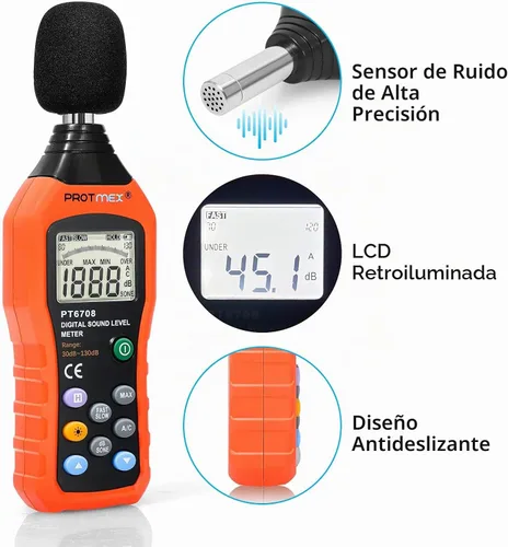 Vista 3 de Protmex PT6708 Medidor de nivel de sonido, lector digital de decibelios, rango 30-130 dB, medidor de ruido con precisión de 1.5dB y pantalla LCD