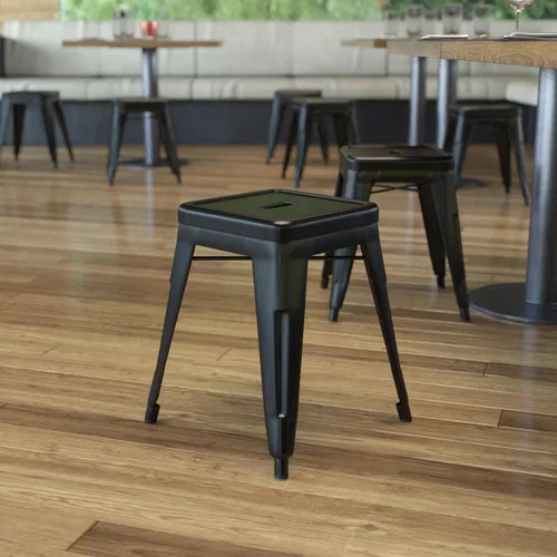 Vista 2 de Flash Furniture Silla de comedor de metal sin respaldo de 18 pulgadas Uso comercial, uso en interiores Negro