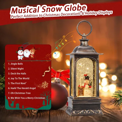 Vista 5 de Linterna de globo de nieve de Navidad, globo de nieve musical con purpurina giratoria, funciona con pilas, decoraciones navideñas para interiores