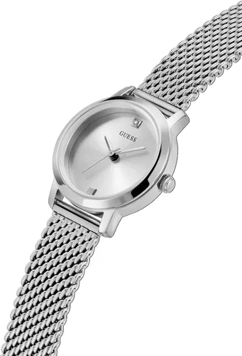 Vista 4 de GUESS US - Reloj analógico de malla en tono oro rosa con diamantes para mujer, plateado