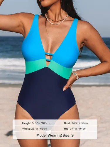 Vista 4 de CUPSHE Traje de baño de una pieza para mujer, cuello en V, correas ajustables, bloque de color, anillo O
