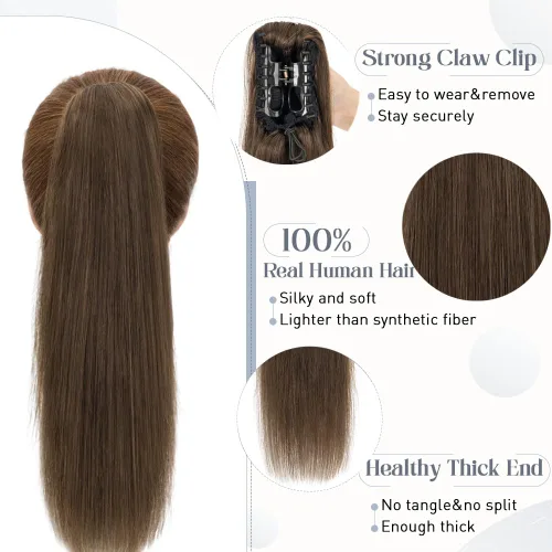 Vista 58 de Rich Choices Extensión de cola de caballo con clip de garra, cabello humano real, una pieza, extensiones de cabello largo Remy para mujer, #18P613