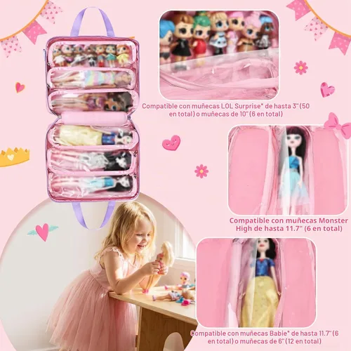 Vista 6 de Funda de transporte compatible con muñecas Barbie de 12 pulgadas/6 pulgadas. Bolsa de almacenamiento para muñecas compatible con muñecas LOL Rosa
