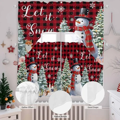 Vista 6 de Juego de cortinas de cocina con cenefa de Navidad de invierno, 3 piezas con bolsillo para barra, cortinas para dormitorio, sala de estar, baño