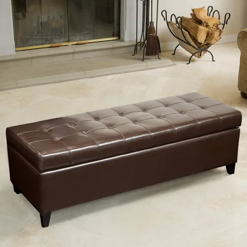 Vista 5 de Banco otomano rectangular copetudo de almacenamiento de cuero regenerado para mesa de centro para dormitorio, sala de estar (marrón)