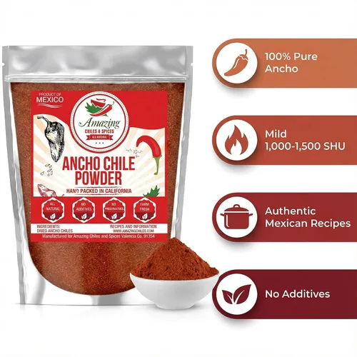 Vista 8 de Ancho Chile Powder 4oz Molido Suave Seco Chili Pepper Mexican Spice Smoky sweet ground poblano for mole, enchiladas, tacos, rubs & marinades. All