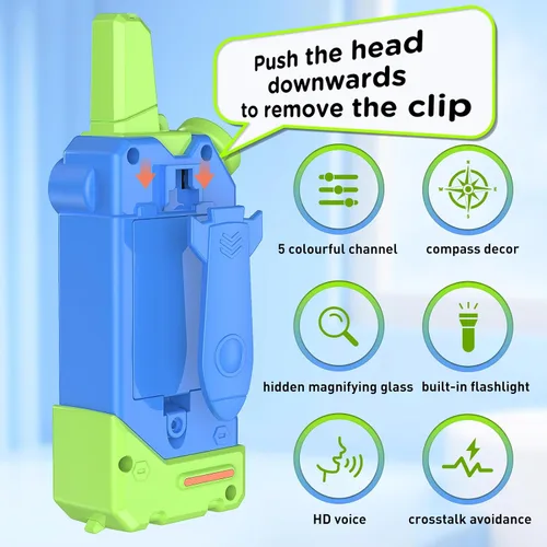 Vista 6 de Walkie Talkies para niños, 5 canales coloridos de radio de 2 vías, brújula, linterna y lupa, alcance de 3 millas para juego de aventura, exterior