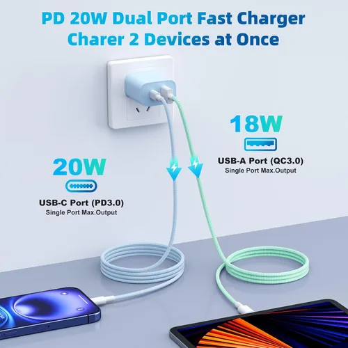 Vista 8 de Para iPhone 17 16 15 Cargador de carga rápida, paquete de 4 unidades de doble puerto de 20 W USB C Charger Block with 6FT USB-C to C Cable Type C