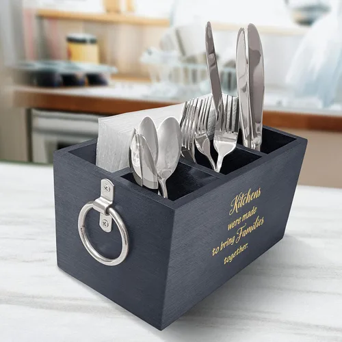 Vista 4 de Organizador de utensilios de cocina con cita familiar, organizador de utensilios de madera para cocina, caja organizadora de utensilios de cocina