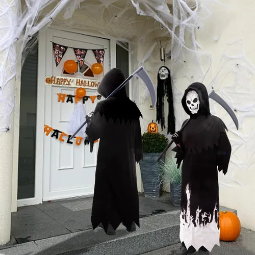 Vista 6 de Kitimi Disfraz de Halloween que brilla en la oscuridad para niños y niños, disfraz de fantasma aterrador de Halloween con guadaña y guantes