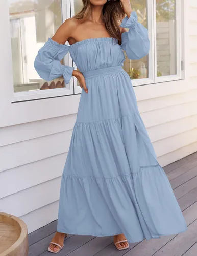 Vista 153 de ZESICA - Vestido largo, bohemio y sexy, con hombros descubiertos y manga larga fruncida, con elástico fruncido, cintura alta y abertura lateral