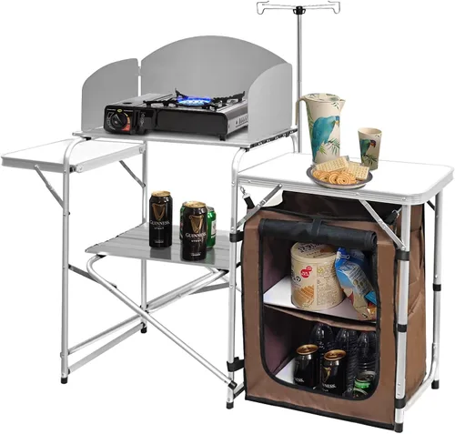 Vista 9 de CampLand Mesa de cocina plegable para acampar con parabrisas, estación de cocina portátil al aire libre con armario de almacenamiento y mesas Negro