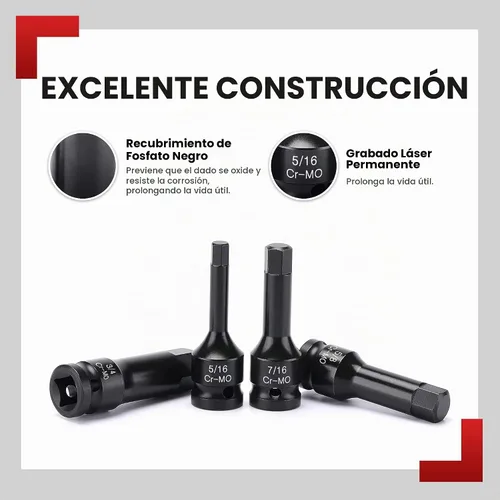 Vista 3 de Juego de 8 llaves de impacto Allen de 1/2 pulgada, enchufe hexagonal SAE de 1/4 a 3/4 pulgadas, acero Cr-Mo de grado de impacto maestro con estuche
