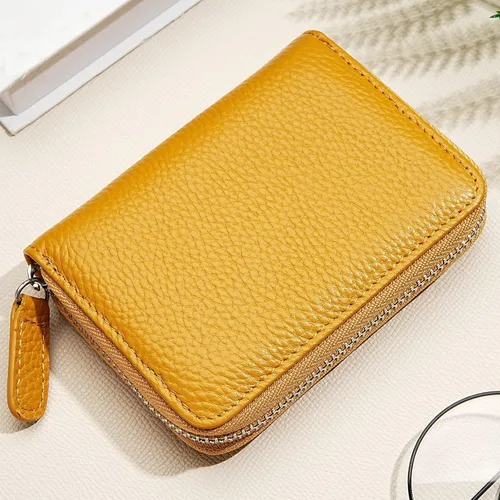 Vista 9 de Cartera de cuero genuino con bloqueo RFID, billetera con cremallera de lujo para mujeres con monedero, Color café, Classic