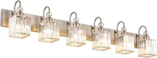 Vista 26 de Ralbay Modernas luces LED de cristal para tocador de baño, 3 luces de acero inoxidable, luces de tocador de cristal sobre el espejo, accesorios