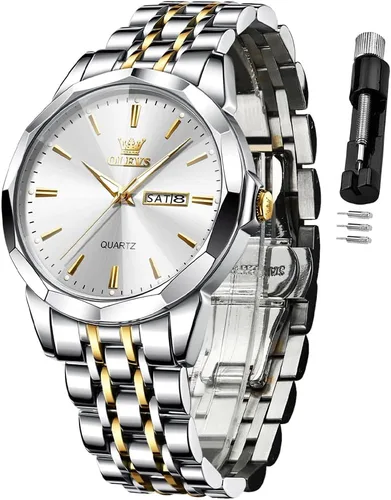 Vista 8 de OLEVS Watch for Men Diamond Business Dress Analog Quartz Stainless Steel Waterproof Luminous Date Two Tone Luxury Casual Wrist Watch Blue