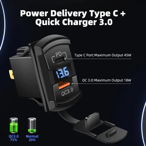 Vista 3 de CNAODUN Interruptor basculante USB con cargador USB C y cubierta impermeable, Dual PD y QC3.0, voltímetro LED azul de 12V/24V para panel