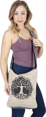 Vista 3 de Tree of Life - Bolso cruzado de lona con rayas bohemias tranquilas fabricado con cáñamo y algodón ideal para festivales playa uso diario y más