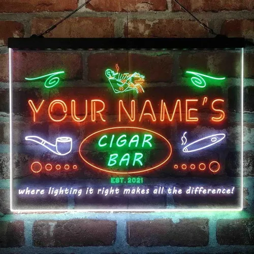 Vista 10 de Personalized Cigar Bar Lounge Tri-Color LED Neon Light Sign Customize Name Date Text Quote Font Green & Red & Yellow 13 x 8.7 Inches