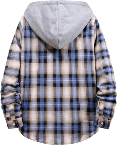 Vista 3 de Camisas de algodón a cuadros para hombre, chaqueta de franela con forro polar para hombre, camisa a cuadros de moda, hip hop, cárdigan con capucha