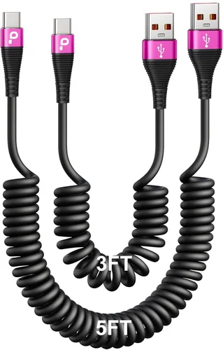 Vista 8 de Cable USB C de carga rápida, paquete de 2 cables de carga USB A a USB C en espiral de 3 pies para automóvil, cable de carga USB-C compatible