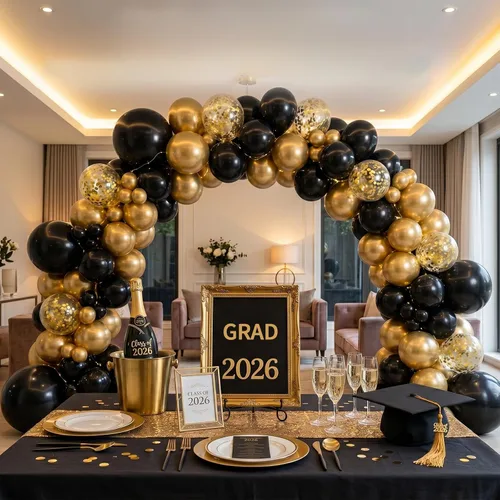 Vista 5 de Kit de arco de guirnalda de globos negros y dorados, 18, 12, 10, 5 pulgadas, globos de látex de confeti dorado metálico negro para decoraciones