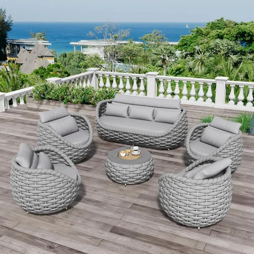 Vista 38 de Juego de muebles de patio de aluminio de 3 piezas: cuerda tejida a mano para conversación al aire libre, juego de 2 cojines modernos montados, juego