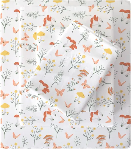 Vista 18 de Viviland Juego de sábanas tamaño matrimonial con estampado botánico de mariposas y flores rosadas y moradas, 4 piezas, sábanas de microfibra suave
