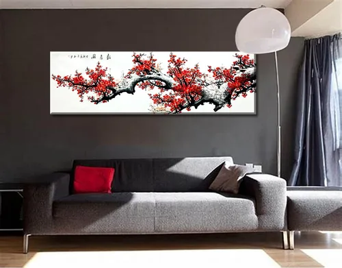 Vista 5 de JiazuGo Decoración asiática, pintura china, arte de pared oriental rojo ciruelo flor lienzo cuadros para dormitorio, decoración estética de pared