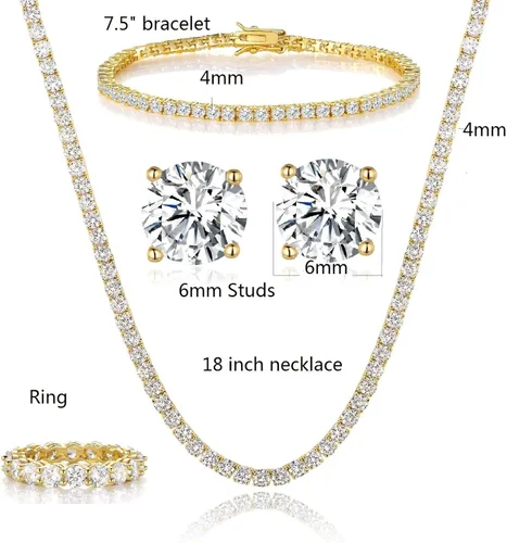 Vista 2 de GEMSME - Juego de 4 joyas con collar de tenis pulsera aretes anillo, chapados en oro amarillo de 18 quilates