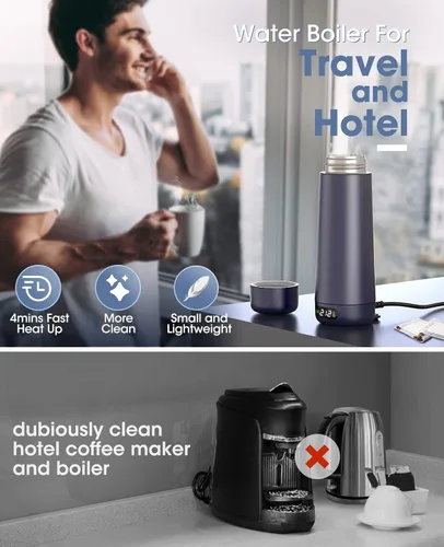 Vista 2 de Hervidor de Viaje, Hervidor Eléctrico Portátil de Voltaje Dual 110V-220V-240V Hervidor de Agua Pequeño Inteligente para Té y Café, Acero Inoxidable