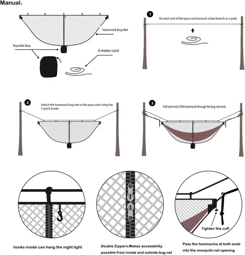 Vista 3 de Mosquitera para hamaca de camping, hamaca compacta y ligera, 12 pies de largo con cremalleras de doble cara, se adapta a todas las hamacas de camping
