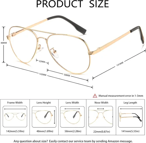 Vista 6 de Gafas de aviador clásicas para mujeres y hombres, marco de metal retro, lentes transparentes sin receta, 2.283 in