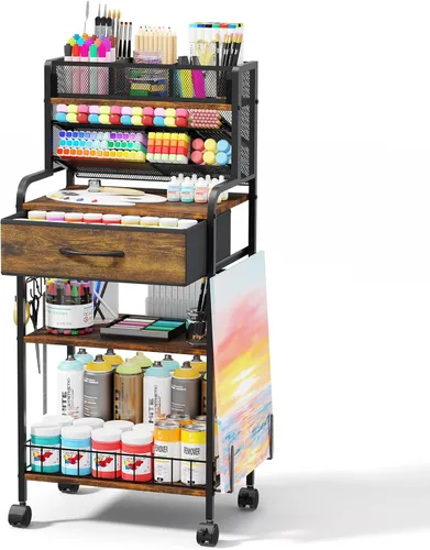 Vista 10 de Homsorout Carrito de arte, carrito rodante de 3 niveles, carrito utilitario con cajón de almacenamiento y ruedas, organizador versátil de arte