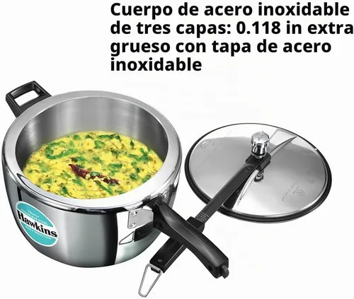 Vista 2 de HAWKINS Triply - Olla a presión de acero inoxidable, olla ancha, tapa interior, 7 litros, color plateado