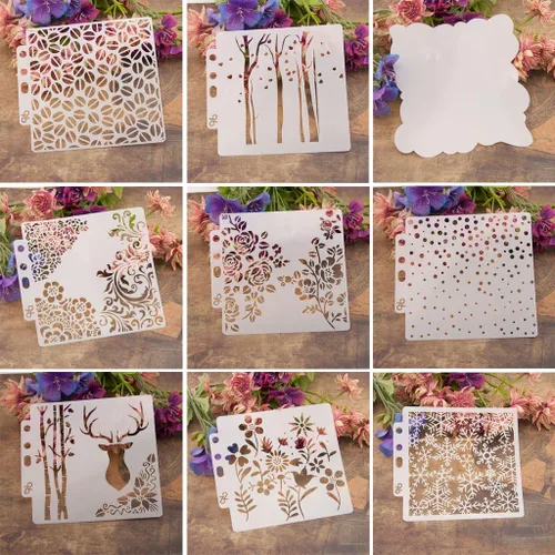 Vista 10 de Plantillas de pintura de plástico PET con diseño hueco de copo de nieve, perfectas para diseño textil, decoración de pared, ventana, papel, álbumes