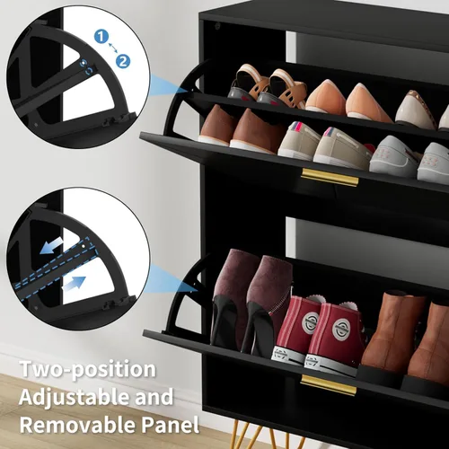 Vista 6 de JOZZBY Armario de zapatos para entrada, armario de almacenamiento de zapatos estrecho negro con 2 cajones abatibles, organizador de zapatos