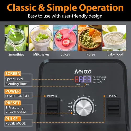 Vista 4 de Aeitto Licuadora para cocina, licuadora profesional de gran capacidad de 68 onzas, licuadora de batidos de 1500 vatios para triturar hielo, bebidas