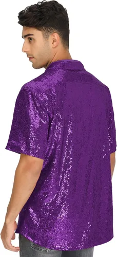 Vista 3 de LecGee Camisa de fiesta de lentejuelas para hombre de manga corta con botones brillantes y botones de los años 70 para fiesta club camisa brillante