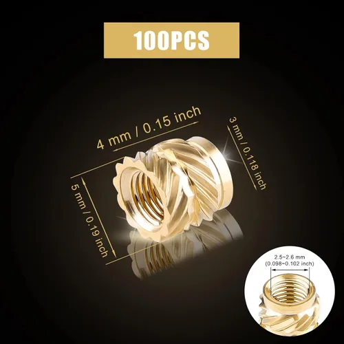 Vista 2 de 100 piezas de tuercas de latón para impresión 3D, M3x4x5mm M3 Inserto roscado Tuercas moleteadas de latón Tuerca hembra moleteada con rosca