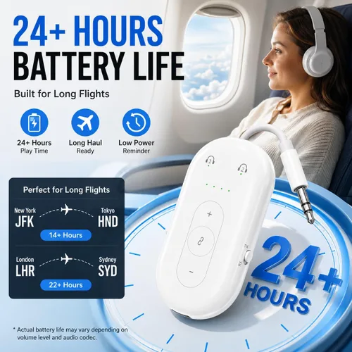 Vista 4 de Adaptador Bluetooth de avión para auriculares, transmisor de audio Bluetooth para AirPods o auriculares inalámbricos, transmisor receptor 2 en 1