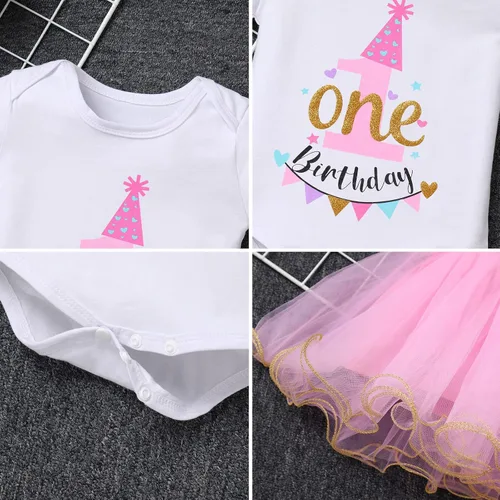 Vista 6 de IBTOM CASTLE Conjunto de ropa de 3 piezas para 123 cumpleaños para bebés y niñas con banderines de princesa tutú de arco iris y diadema