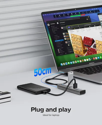 Vista 5 de ORICO Hub USB 3.0 de 7 puertos, adaptador múltiple USB de aluminio, extensor USB de 5 Gbps con cable de 1.64 pies, cable largo UBS-A Hub