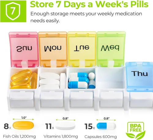 Vista 3 de AUVON Organizador semanal de pastillas apto para artritis, sin BPA, estuche pastillero de viaje de 7 días con diseño de apertura por resorte