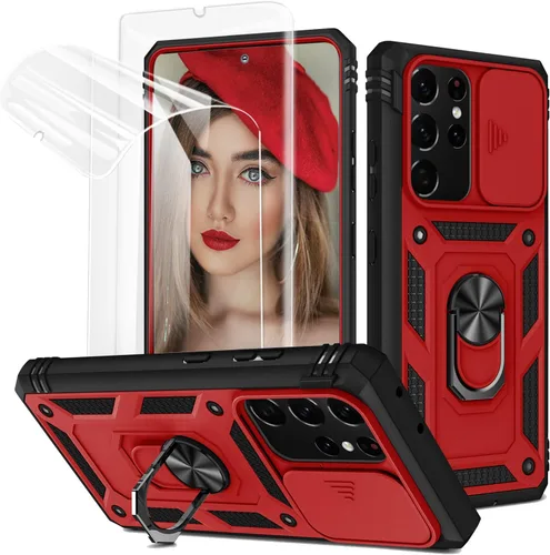 Vista 9 de Jeylly Funda para Galaxy A12 con cubierta deslizante para cámara, protector de pantalla de vidrio templado, protección híbrida de policarbonato duro