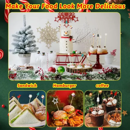 Vista 7 de KIMOBER 160 palillos de cóctel de Navidad, varios palillos de dientes de frutas de bambú para alimentos, aperitivos, bebidas, decoración de pasteles