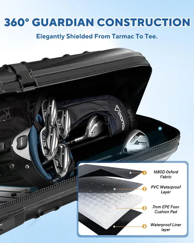 Vista 3 de M KARMATER Bolsa de viaje de golf para aerolíneas con ruedas, funda rígida plegable con parte superior de ABS y Oxford resistente 1680D, protección